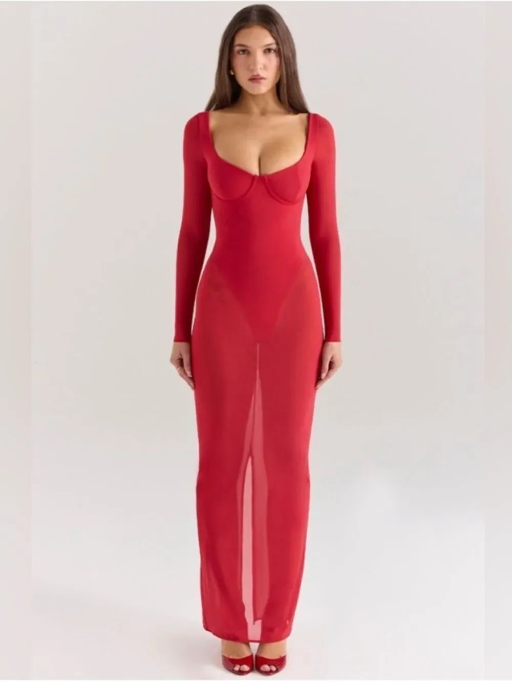 HOUSE OF CB Everly Corset Red Long Sleeve Maxi Dress XS regular cup a-c